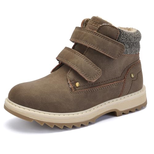 TZJS Unisex Kinder Klassische Stiefel für Jungen Mädchen Baby Winterstiefel Mit Klettverschluss Wasserdicht Stiefeletten Schneestiefel Arbeitsstiefel Herbstschuhe Winterschuhe(Braun Warm,35) von TZJS