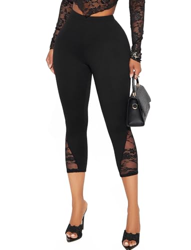 TZLDN 3/4 Leggings Damen mit Spitze Capri Leggins Dreiviertel Jeggings Hosen Sommer Alltag Büro Schwarz M von TZLDN