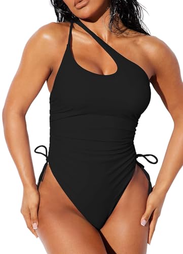 TZLDN Badeanzug Damen Bauchweg Monikini mit String High Cut Bademode One Shoulder Schimmanzug Swimming Suit Strand Schwarz S von TZLDN