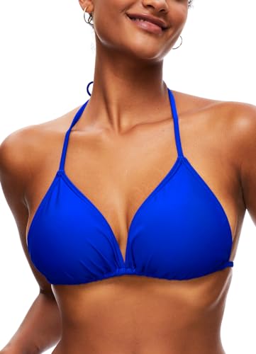 TZLDN Bikini Oberteil Große Brüste Damen Push up Sport Triangel Bikini Neckholder Brazilian Rückenfrei Bikinioberteil A01 Knalblau M von TZLDN