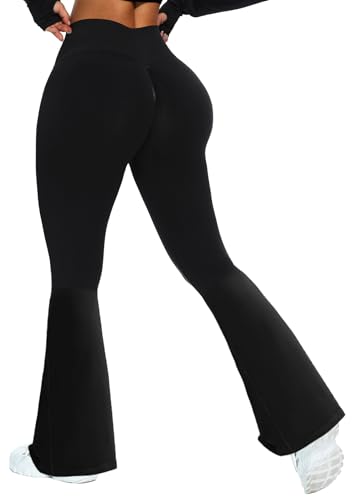 TZLDN Damen Activewear-Hosen Hohe Taille Weites Bein Yogahose Straighthose Jogginghose Schlaghose Sporthose Freizeithose Jazzpants Jogahosen Seamless - Schwarz L von TZLDN