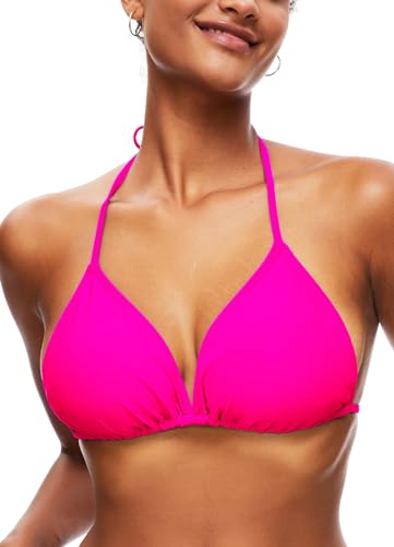 TZLDN Bikini Oberteil Große Brüste Damen Push up Sport Triangel Bikini Neckholder Brazilian Rückenfrei Bikinioberteil A01 Hot Pink XL von TZLDN