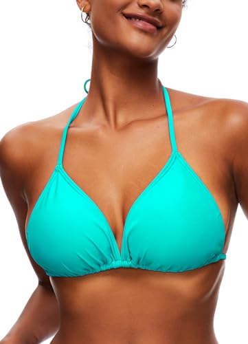 TZLDN Bikini Oberteil Große Brüste Damen Push up Sport Triangel Bikini Neckholder Brazilian Rückenfrei Bikinioberteil A01 Türkis（Blau） M von TZLDN