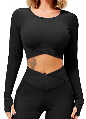 TZLDN Damen Gerippte Crossover Sport Oberteile - Bauchfrei Langarm Laufshirt Sportshirt für Yoga Fitness Gym Workout Jogging #1 Schwarz XL von TZLDN