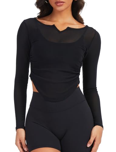 TZLDN Damen Gym Top Langarm Sporttop Mesh Oberteil Crop Tops Durchsitiges Yoga Top Workout Pilates Casual Schwarz S von TZLDN
