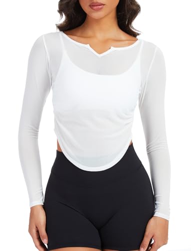 TZLDN Damen Gym Top Langarm Sporttop Mesh Oberteil Crop Tops Durchsitiges Yoga Top Workout Pilates Casual Weiß S von TZLDN