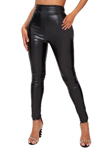 TZLDN Damen Leder Leggings Wetlook High Waist Lederhose Skinny Lederoptik Leggins Hose Strumpfhosen Treggings A01 Schwarz(matt) XS von TZLDN