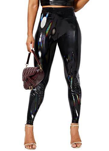 TZLDN Damen Leder Thermoleggins Gefütterte Winterleggins Wetlook High Waist Lederhose Winter Lederoptik Leggings B09 Schwarz - Laser S von TZLDN