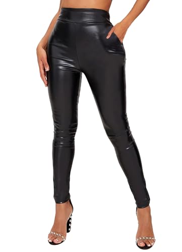 TZLDN Damen Leder Leggings Wetlook High Waist Lederhose Skinny Lederoptik Leggins Hose Strumpfhosen Treggings A001 Schwarz M von TZLDN