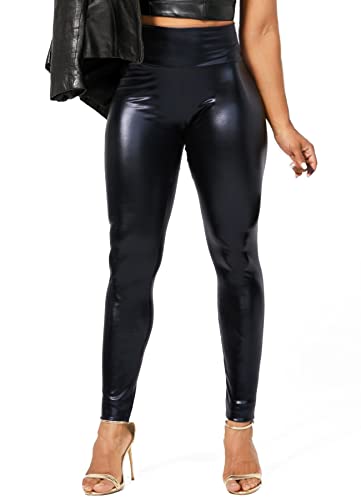 TZLDN Damen Leder Thermoleggins Gefütterte Winterleggins High Waist Lederhose Winter Lederoptik Leggings B04 Glänzendes Schwarz (Dünner Flaum) M von TZLDN