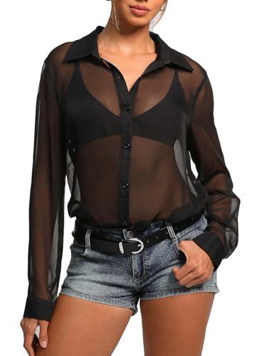 TZLDN Damen Mesh Oberteil Sommer Longbluse Durchsichtiges Bluse Hemdbluse Mesh Netzshirt Tranparentes Party Oberteil Schwarz S von TZLDN