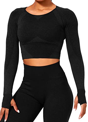 TZLDN Damen Nahtlos Sport oberteile - Bauchfrei Langarm Laufshirt Sportshirt für Yoga Fitness Gym Workout Jogging #1 Schwarz L von TZLDN