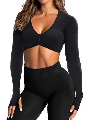 TZLDN Damen Nahtlos Sport Oberteile - Bauchfrei Langarm Laufshirt Sportshirt für Yoga Fitness Gym Workout Jogging #1.2 Schwarz M von TZLDN