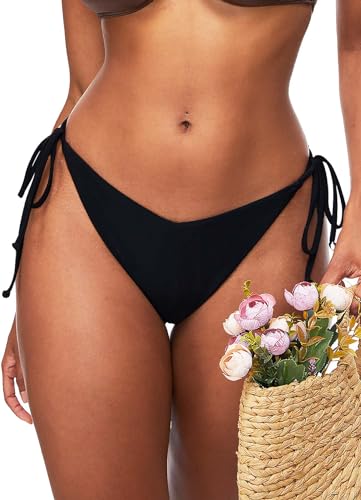 TZLDN Damen Scrunch Bikinihose - Sexy Geraffte Brasilianer Niedrige Taille verstellbar Triangel Bikini Slip B02 Schwarz L von TZLDN