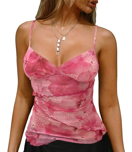 TZLDN Damen Sommer Tops Oberteile Spaghettiträger Top Cute Babydoll Crop Top Y2K Outfits Clothes Party Summer Aesthetic Rosa L von TZLDN