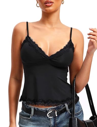 TZLDN Damen Spitzen Oberteil Damen Babydoll Top Spaghettiträger Lace Tops Trägershirt Basic Festival Schwarz S von TZLDN