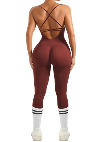 TZLDN Damen Sport Rückenfrei Jumpsuit Yoga Bodysuit Overall Leggings Sporthosen Bandage Playsuits Jogging Strampler Hosenanzug Trainingsanzug mit Polster - Braun L von TZLDN