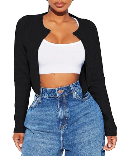 TZLDN Damen Strickjacke Langarm Cardigan Cropped Rundhalsausschnitt Strickjacken Kurz Elegant Jäckchen Herst Schwarz S von TZLDN