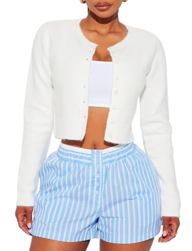 TZLDN Damen Strickjacke Langarm Cardigan Cropped Rundhalsausschnitt Strickjacken Kurz Elegant Jäckchen Herst Weiß S von TZLDN