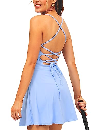 TZLDN Damen Tenniskleid mit Hose Rückenfrei Gepolsterte Tennis Kleidung Set Ärmellos A-Linien Sportkleider Trainingskleider Sommerkleid Crisscross - Hellblau L von TZLDN