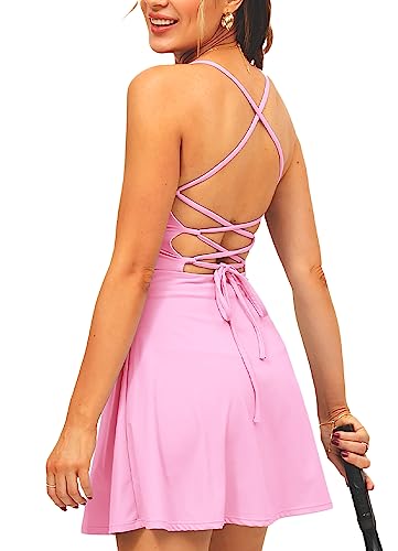 TZLDN Damen Tenniskleid mit Hose Rückenfrei Gepolsterte Tennis Kleidung Set Ärmellos A-Linien Sportkleider Trainingskleider Sommerkleid Crisscross - Hellrosa L von TZLDN