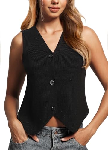 TZLDN Damen Weste Stickweste V Ausschnitt Ärmellos Stickjacke Elegant Pullunder Anzug Casual Business Schwarz M von TZLDN