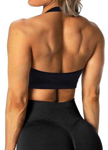 TZLDN Neckholder Sport BH Damen Gepolstert Push Up Sommer Bustier Rückenfrei Große Brüste Gym Yoga Bra Basic Fitness Crop Top Oberteile ohne Bügel #2 Schwarz L von TZLDN