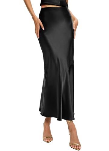 TZLDN Satin Rock Damen Lang Hohe Taille Skirt Elegant Seide Midirock Herbst Winter Midi Business Rock mit Reißverschluss Trachtenrock Schwarz S von TZLDN