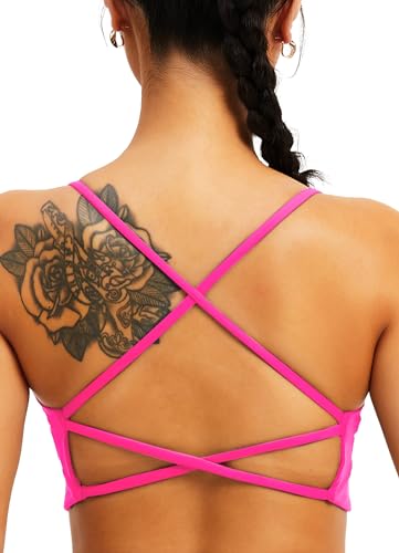 TZLDN Sport BH Rückenfrei Damen Gepolstert Bustier Cross Back Gym Yoga Push up Bra Crop Top Sport Oberteile ohne bügel C01 Hot Pink L von TZLDN