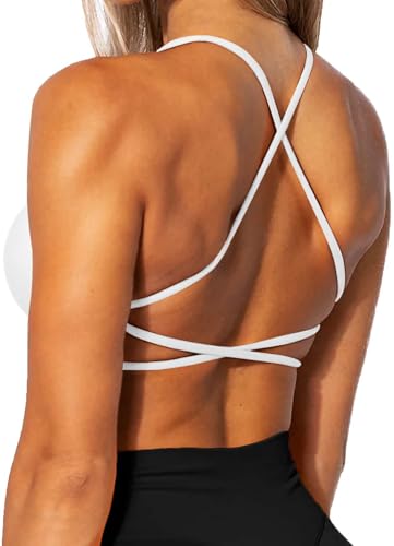 TZLDN Sport BH Rückenfrei Damen Gepolstert Bustier Cross Back Gym Yoga Push up Bra Crop Top Sport Oberteile ohne bügel C01 Weiß XS von TZLDN