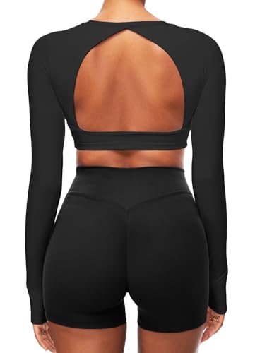 TZLDN Sport Oberteile Damen Rückenfrei T-Shirt Gym Top Yoga Langarm Crop Top Sportshirt Leicht Fitness Oberteil mit Daumenloch Open Back - Schwarz S von TZLDN