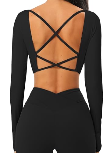 TZLDN Sport Oberteile Damen Rückenfrei T-Shirt Gym Top Yoga Langarm Crop Top Sportshirt Leicht Fitness Oberteil mit Daumenloch Strappy Back - Schwarz L von TZLDN