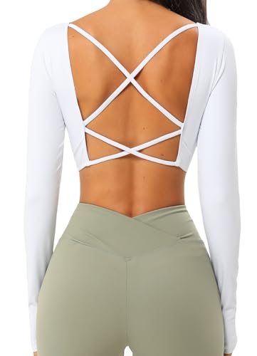 TZLDN Sport Oberteile Damen Rückenfrei T-Shirt Gym Top Yoga Langarm Crop Top Sportshirt Leicht Fitness Oberteil mit Daumenloch Strappy Back - Weiß L von TZLDN