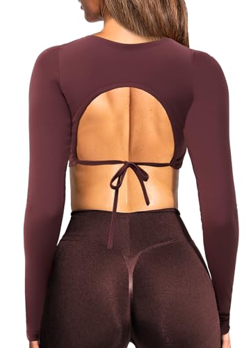 TZLDN Sport Oberteile Damen Rückenfrei T-Shirt Gym Top Yoga Langarm Crop Top Sportshirt Leicht Fitness Oberteil mit Daumenloch Tie Back - Kaffeebraun M von TZLDN