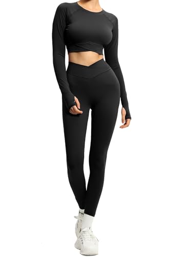 TZLDN Sport Set Damen 2 Teiler Gym Workout Set Yoga Outfit BH Rückenfrei V Waist Leggings Traingsanzug Jogginganzug Fitness Set Sportswear V-Shape - Schwarz M von TZLDN