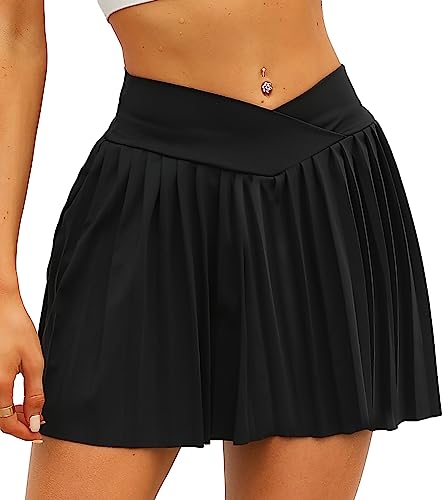 TZLDN Tennis Skort - Damen Sport Rock mit Shorts Laufrock Minirock Tennisrock Hosenrock Sommerrock Skirt Outdoor Workout Falten(V-Shape) - Schwarz M von TZLDN