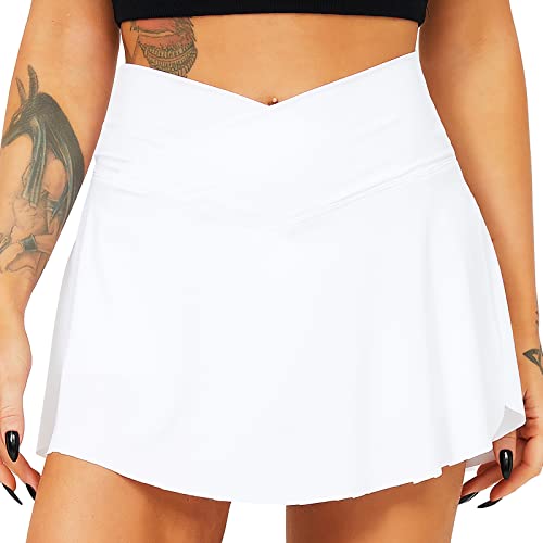 TZLDN Tennis Skort - Damen Sport Rock mit Shorts Laufrock Minirock Tennisrock Hosenrock Sommerrock Skirt Outdoor Workout Running A02 Weiß XS von TZLDN