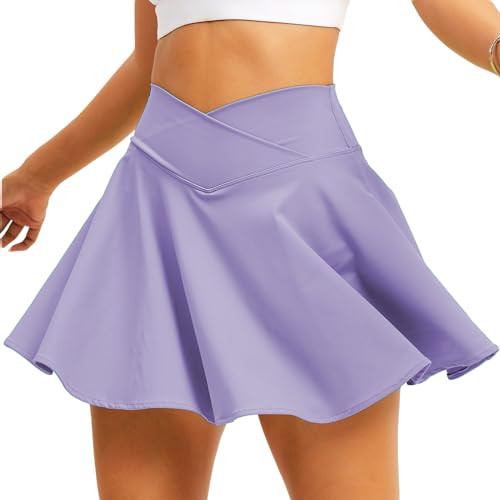 TZLDN Tennis Skort - Damen Sport Rock mit Shorts Laufrock Minirock Tennisrock Hosenrock Sommerrock Skirt Outdoor Workout Running A03 helles Lila XL von TZLDN