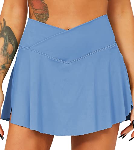 TZLDN Tennis Skort - Damen Sport Rock mit Shorts Laufrock Minirock Tennisrock Hosenrock Sommerrock Skirt Outdoor Workout Running A06 Blau M von TZLDN