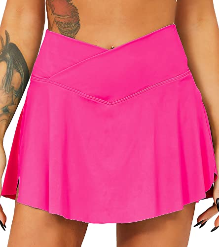 TZLDN Tennis Skort - Damen Sport Rock mit Shorts Laufrock Minirock Tennisrock Hosenrock Sommerrock Skirt Outdoor Workout Running A10 Neon-Pink L von TZLDN