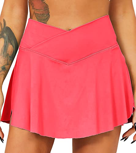 TZLDN Tennis Skort - Damen Sport Rock mit Shorts Laufrock Minirock Tennisrock Hosenrock Sommerrock Skirt Outdoor Workout Running A12 Orange-Rot S von TZLDN