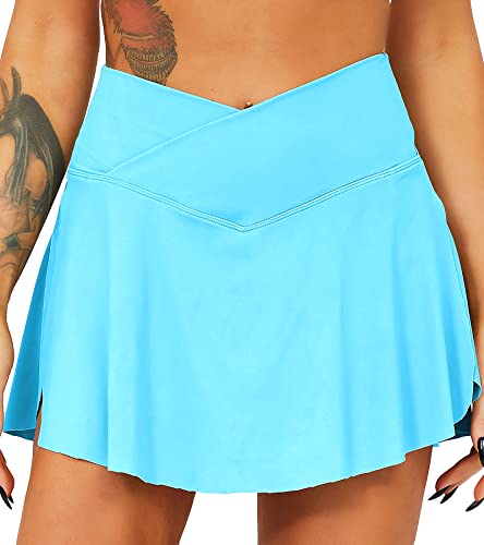 TZLDN Tennis Skort - Damen Sport Rock mit Shorts Laufrock Minirock Tennisrock Hosenrock Sommerrock Skirt Outdoor Workout Running A13 Türkis(Blau) M von TZLDN