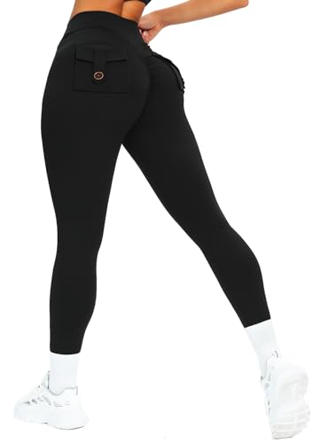 TZLDN V-Back Sport Leggings Damen Scrunch Leggins High Waist Bauchweg Sporthose Po Push Up Yoga Hosen Laufhosen Cargo - Schwarz M von TZLDN