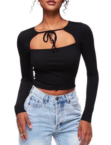 TZLDN Y2k Oberteil Damen Elegant Langarmshirt Fashion Crop Top Basic Langarm T-Shirt Bluse Aesthetic Clothes Outfit Shirt Tie-Up - Schwarz M von TZLDN