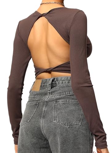 TZLDN Y2k Oberteil Damen Elegant Langarmshirt Fashion Crop Top Basic Langarm T-Shirt Bluse Aesthetic Clothes Outfit Shirt Twist Back - Braun M von TZLDN