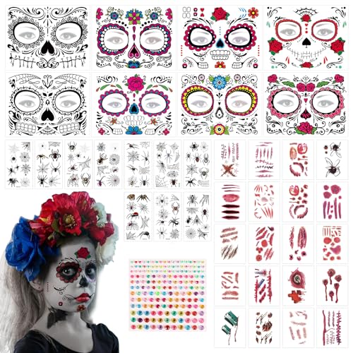 TZQFROCE 28 Blätter Karneval Tattoo Gesicht Karneval Aufkleber Gesich Glitzersteine Aufkleber für Erwachsene Kinder Fasching Maskerade Festival Stützen Mund Makeup Set von TZQFROCE