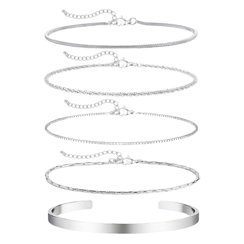 TZQFROCE 5 Stücke Silber Armband Herren Armband Herren Silber Edelstahl Verstellbare Armkette 18cm+5cm Herr-en Arm-band Edelstahl Armbänder für Männer Damen Freund Schmuck Geschenk von TZQFROCE