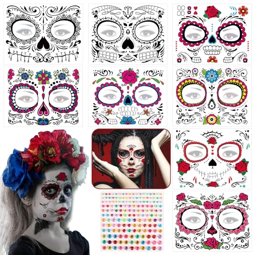 TZQFROCE 8 Blätter Karneval Tattoo Gesicht Karneval Gesicht Temporäre Tattoos Halloween Glitzersteine Aufkleber für Erwachsene Kinder Fasching Maskerade Festival Stützen Mund Makeup Set von TZQFROCE