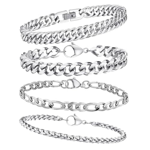 TZQFROCE Armband Herren Silber 4 Stück Armbänder Für Herren 21cm Edelstahl Armbänder für Männer Edelstahl Armband Herren Silber für Papa Freund Schmuck Geschenk von TZQFROCE