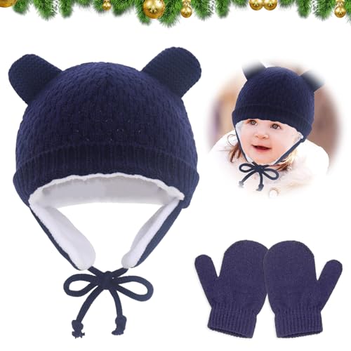 TZQFROCE Baby Wintermütze Babymütze Neugeborene Unisex Neugeborene Baby Mütze und Handschuhe Set Warmer Strickmützen Baby Mütze Winter Kindermützen für 0-36 Monate Jungen Mädchen - Marineblau von TZQFROCE